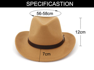 Wide Brim Cowboy Felt Hat Panama Trilby Jazz Fedora Hats with Leather Buckle Plain Woolen Chapeau for Men Women