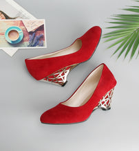 Load image into Gallery viewer, Women Shoes Wedge Heels Pumps Gold Office Round Toe Red Shoes