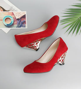 Women Shoes Wedge Heels Pumps Gold Office Round Toe Red Shoes