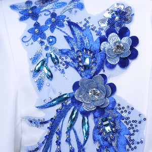 White Stand Collar Two-Piece Men's Jacket Suits Blue Sequin groom suit Costumes(Jacket+Pants)