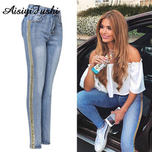 Load image into Gallery viewer, Patchwork Skinny Sequin Jeans with Stripes for Women Denim Female Stretch Pencil Jeans