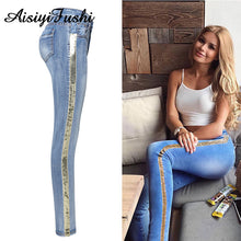 Load image into Gallery viewer, Patchwork Skinny Sequin Jeans with Stripes for Women Denim Female Stretch Pencil Jeans