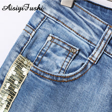 Load image into Gallery viewer, Patchwork Skinny Sequin Jeans with Stripes for Women Denim Female Stretch Pencil Jeans