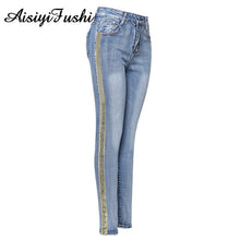 Load image into Gallery viewer, Patchwork Skinny Sequin Jeans with Stripes for Women Denim Female Stretch Pencil Jeans