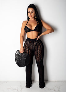 Fishnet Knitted Two Piece See Through Bra +Top + Pants Casual Beach Outfits