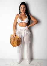 Load image into Gallery viewer, Fishnet Knitted Two Piece See Through Bra +Top + Pants Casual Beach Outfits