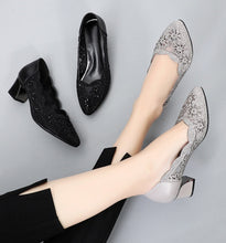 Load image into Gallery viewer, Hollow Out Genuine Leather Mid Heel Square Pump Mesh Women Shoes