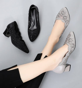 Hollow Out Genuine Leather Mid Heel Square Pump Mesh Women Shoes