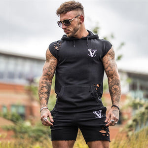 GITF 2019 new Hip hop Hole men sports sets gym Running training suit male street clothing Running Fitness 2-piece sets men