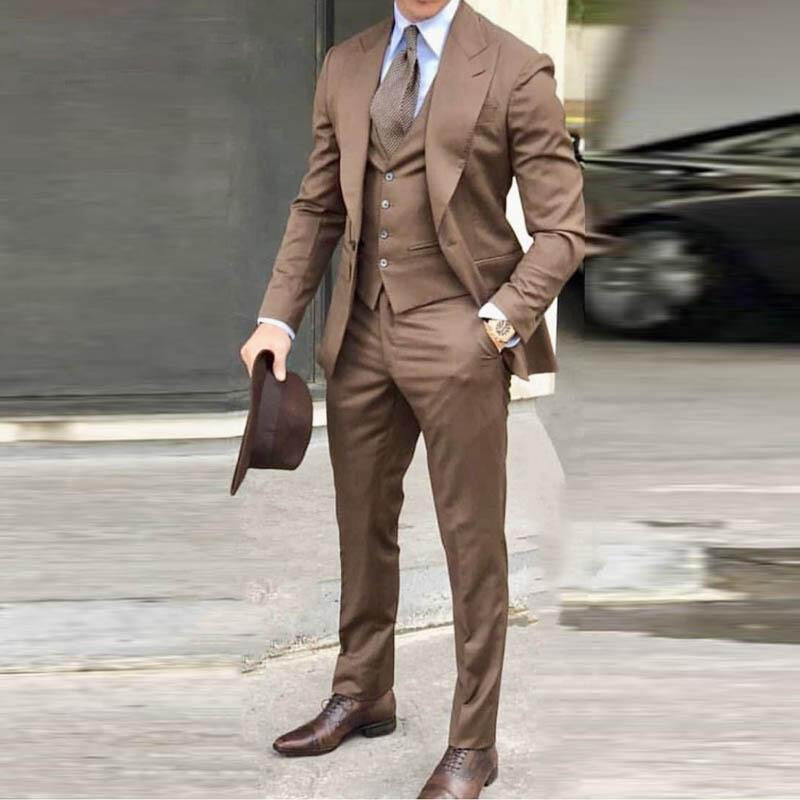 Mens suit Groom Tuxedos Brown Prom Wedding Men Suit Slim Fit Cotton Blend Formal Suit For Men Slim Fit 3pcs(Jacket+Pants+Vest)