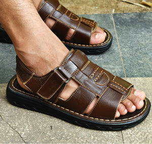 Summer mens slippers genuine leather sandals outdoor casual men leather sandals for Beach shoes hombre Hollow aerated shoes