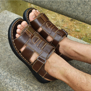 Summer mens slippers genuine leather sandals outdoor casual men leather sandals for Beach shoes hombre Hollow aerated shoes