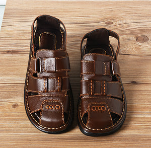 Summer mens slippers genuine leather sandals outdoor casual men leather sandals for Beach shoes hombre Hollow aerated shoes