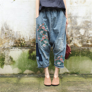 Women Baggy Low Crotch Denim  Size Elastic Waist Floral Embroidered Jeans