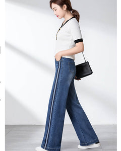 Women Autumn Winter Wide Leg Jeans Straight Loose Stretch High Waist Spliced Jeans