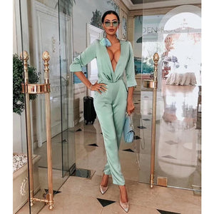 New Fashion Hot Selling Bodycon Women Jumpsuit Sexy V Neck Satin Brithday Outfit Elegant Long Sleeve Bodysuit