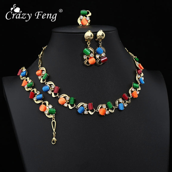 Jewelry Sets For Women Luxury Oil Painting Round Pendant Necklaces Earrings Bracelets Set Accessories