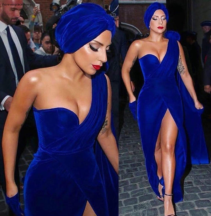 Lady Gaga Red Carpet Evening Dress Royal Blue Velvet Long Formal Holiday Celebrity Wear Prom Party Gown Plus Size