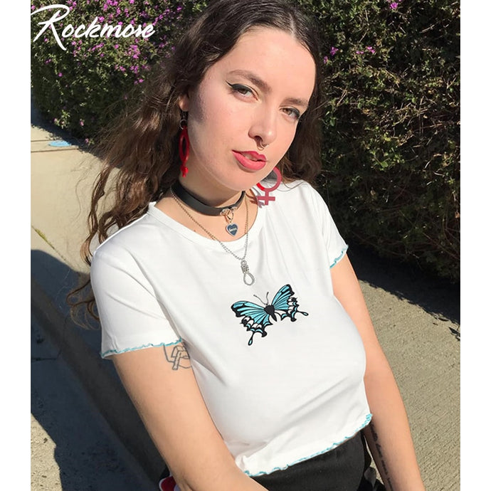 Rockmore Fashion Women White Cotton T-Shirt Blue Butterfly Print O-Neck Female Streetwear Tight Shirts Short Sleeve Casual Tops