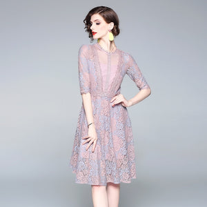 Summer 2019 New Double-color Lace Lace Sexy Mesh Medium-length A-shaped Dresses of European and American Famous Women dress