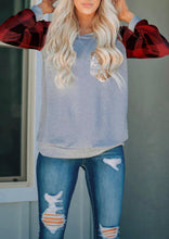 Load image into Gallery viewer, Women Plaid Splicing Sequined Pocket T-Shirt Tee Gray Long Sleeve Pullover Ladies Sweatshirt Tops