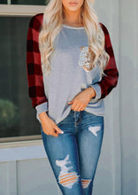 Load image into Gallery viewer, Women Plaid Splicing Sequined Pocket T-Shirt Tee Gray Long Sleeve Pullover Ladies Sweatshirt Tops