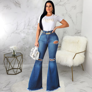 Tsuretobe Fashion Denim Flare Pants Women Retro Ripped Jeans Wide Leg Trousers Lady Casual Bell-Bottoms Flare Pant Female