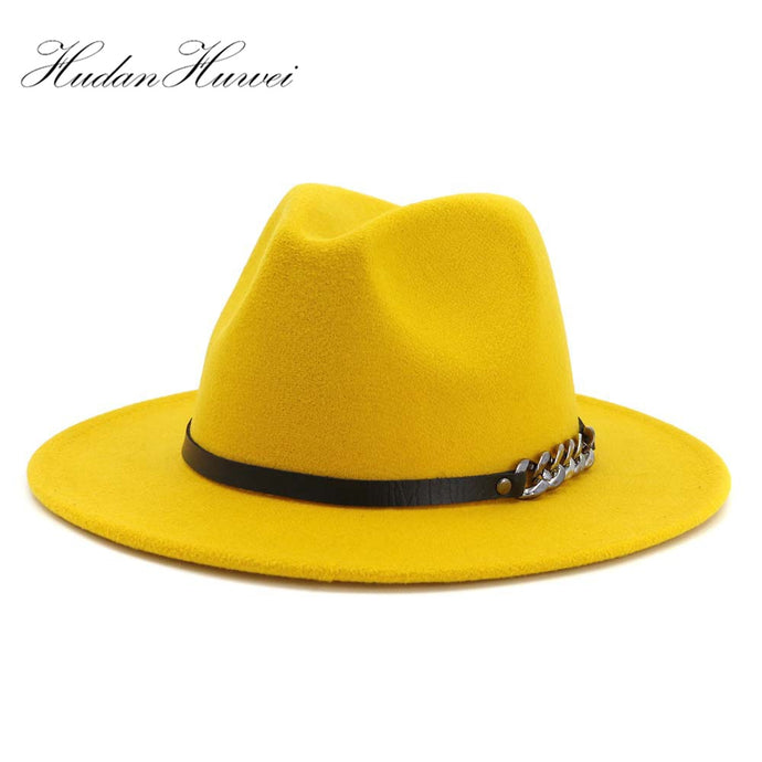Men Women Flat Brim Panama Style Wool Felt Jazz Fedora Hat Cap Gentleman Europe Formal Hat Yellow Floppy Trilby Party Hat