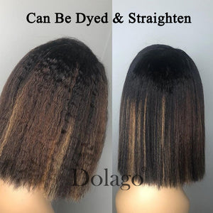 Kinky Straight 13x6 Lace Front Human Hair Wigs 180 Density Coarse Yaki Brazilian Short Bob 360 Lace Frontal Wig Dolago Full