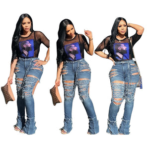 Wjustforu Sexy Hollow Out Ripped Jeans For Women Personality High Waist Holw Denim Pants Femme Bodycon Club Pencil Pants Vestido