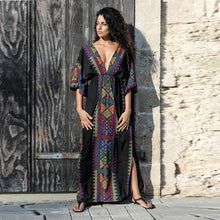 Load image into Gallery viewer, Boho Chic Ladies Dresses Mexican Print V Neck Slit Short Sleeve Tropical Dress Hippie Beach Kaftan 2019 Summer Dresses AA4758