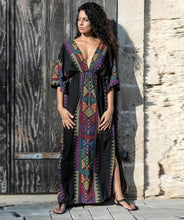Load image into Gallery viewer, Boho Chic Ladies Dresses Mexican Print V Neck Slit Short Sleeve Tropical Dress Hippie Beach Kaftan 2019 Summer Dresses AA4758
