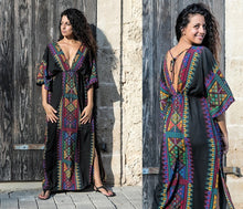 Load image into Gallery viewer, Boho Chic Ladies Dresses Mexican Print V Neck Slit Short Sleeve Tropical Dress Hippie Beach Kaftan 2019 Summer Dresses AA4758