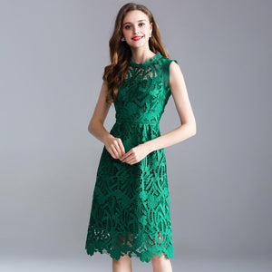 European and American large size women's solid color sleeveless openwork embroidery lace A word dress