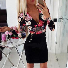 Load image into Gallery viewer, Women V Neck Long Sleeve Rose Printed Button Party Mini Dresses