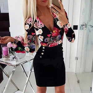 Women V Neck Long Sleeve Rose Printed Button Party Mini Dresses