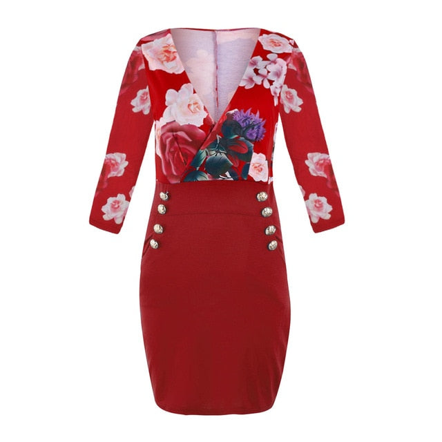 Women V Neck Long Sleeve Rose Printed Button Party Mini Dresses