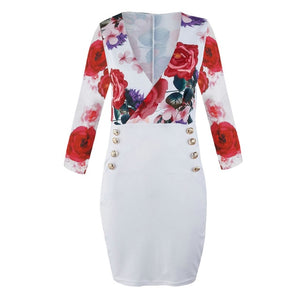 Women V Neck Long Sleeve Rose Printed Button Party Mini Dresses