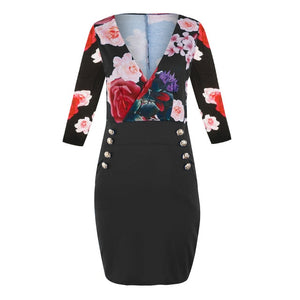 Women V Neck Long Sleeve Rose Printed Button Party Mini Dresses