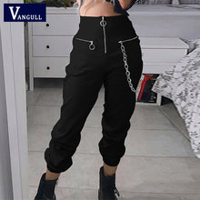 Load image into Gallery viewer, Vangull harajuku zipper streetwear women casual harem pants with chain New solid black pant cool fashion hip hop long trousers