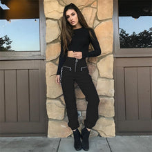 Load image into Gallery viewer, Vangull harajuku zipper streetwear women casual harem pants with chain New solid black pant cool fashion hip hop long trousers