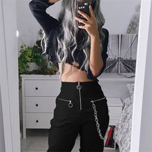 Load image into Gallery viewer, Vangull harajuku zipper streetwear women casual harem pants with chain New solid black pant cool fashion hip hop long trousers
