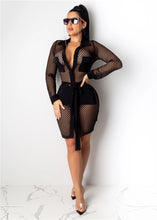 Load image into Gallery viewer, ANJAMANOR See Through Fishnet Mesh Dress Women Sexy Club Dresses Deep V Neck Long Sleeve Mini Bodycon Dress 2020 D37-AE33