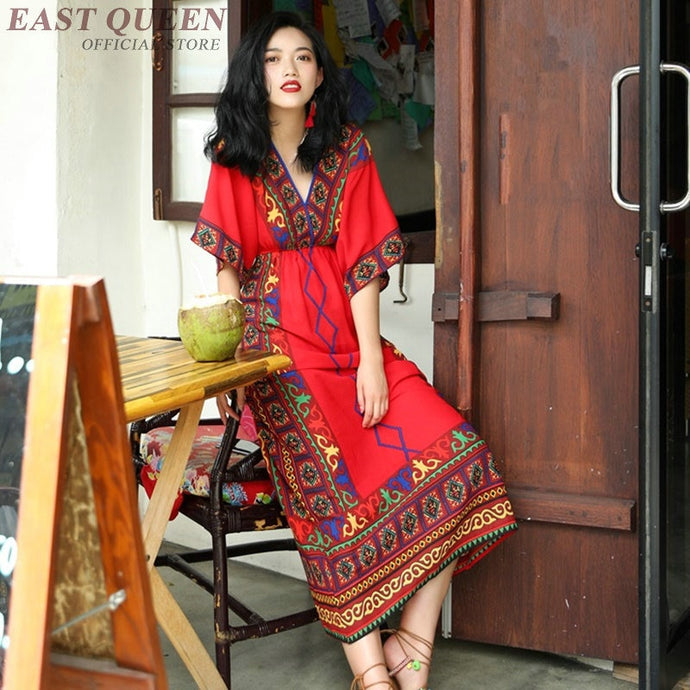 red bohemian dress women summer boho chic maxi mexican dress tropical beach holiday v neck ladies dresses summer 2019 AA4830