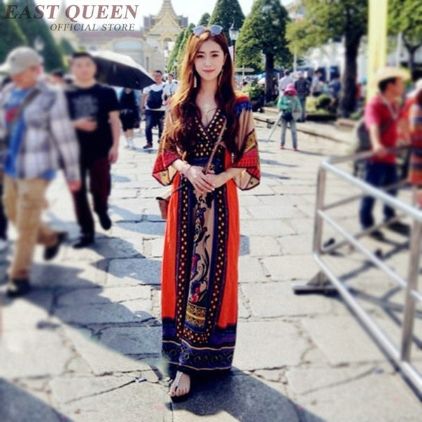 red bohemian dress women summer boho chic maxi mexican dress tropical beach holiday v neck ladies dresses summer 2019 AA4830