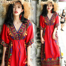 Load image into Gallery viewer, red bohemian dress women summer boho chic maxi mexican dress tropical beach holiday v neck ladies dresses summer 2019 AA4830