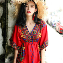 Load image into Gallery viewer, red bohemian dress women summer boho chic maxi mexican dress tropical beach holiday v neck ladies dresses summer 2019 AA4830