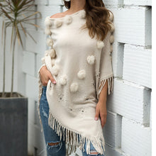 Load image into Gallery viewer, Women O-Neck Solid Sweater Hairball Tassel Cloak Loose Shawl Sweater