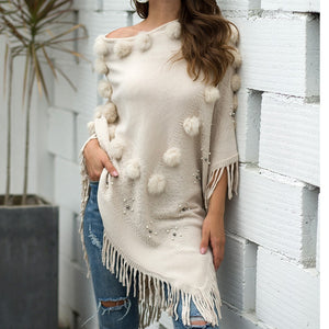 Women O-Neck Solid Sweater Hairball Tassel Cloak Loose Shawl Sweater