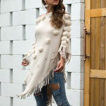 Load image into Gallery viewer, Women O-Neck Solid Sweater Hairball Tassel Cloak Loose Shawl Sweater